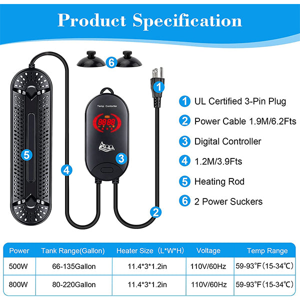 AQQA 500W/800W Submersible Aquarium Heater