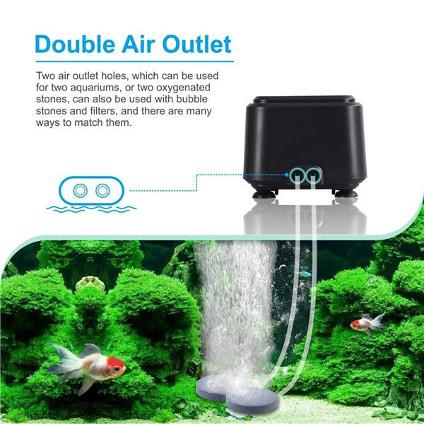 Aquarium Air Pump 2 Outlet, 5W Quiet Oxygen Pump Fish Tank Aerator Pump  with Air Tube Air Stone, for Fish Tank 